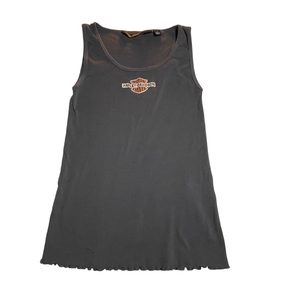 Harley-Davidson Womens Charcoal Gray Ribbed Logo Tank Top Lettuce Hem Medium